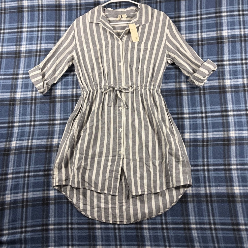 Japna Blue & White Vertical Stripe Tie-Waist Mini Shirt Dress